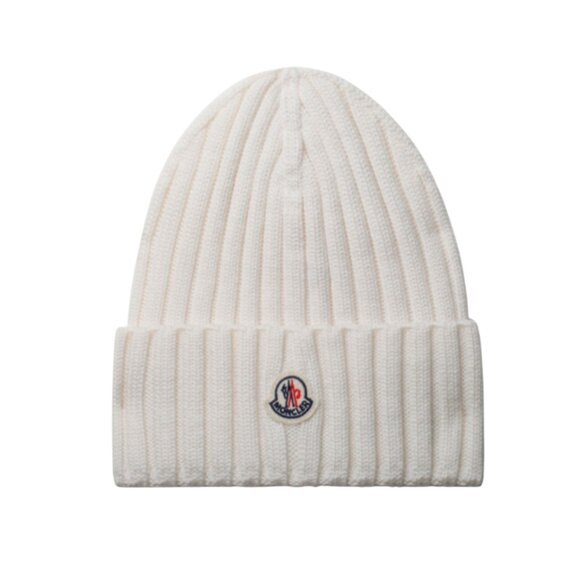 NWOT Moncler Ribbed Knit Beanie Hat Womens Mens Cream White Virgin Wool Logo NEW - Picture 1 of 10